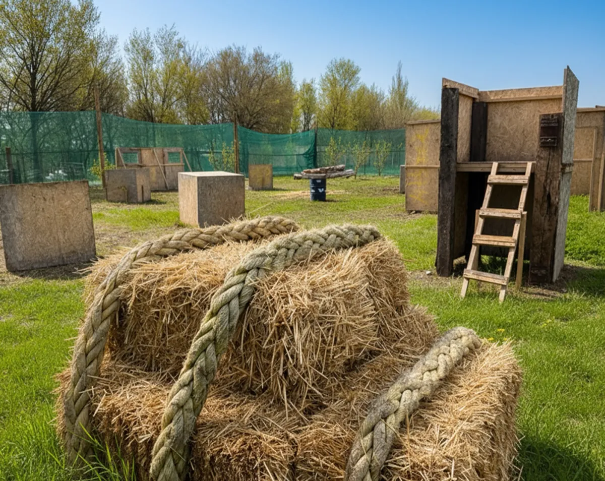 Outdoor paintball field at Black Horse with hay bales, wooden obstacles, and safety netting