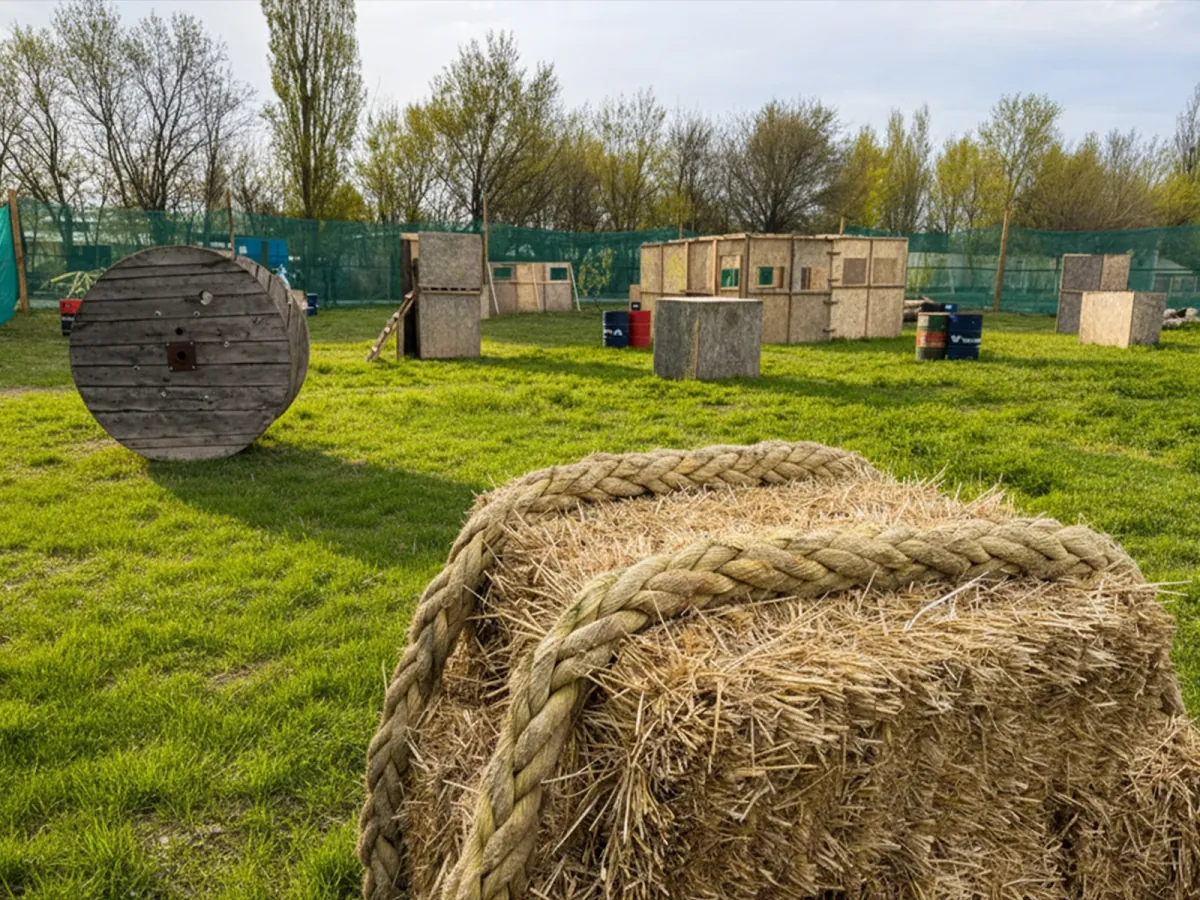 Outdoor paintball field with hay bales, a wooden cable reel, barrels, and plywood structures